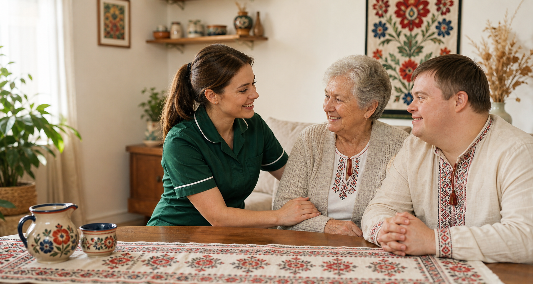 Support worker speaking with a participant and older woman in a warm home setting
