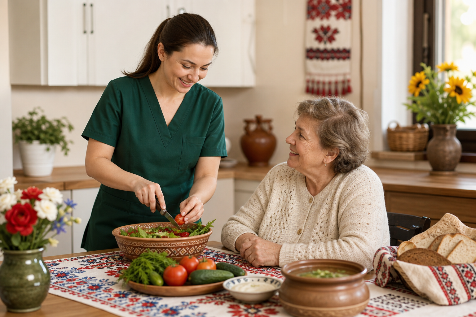 Support worker preparing a meal with an older client at home